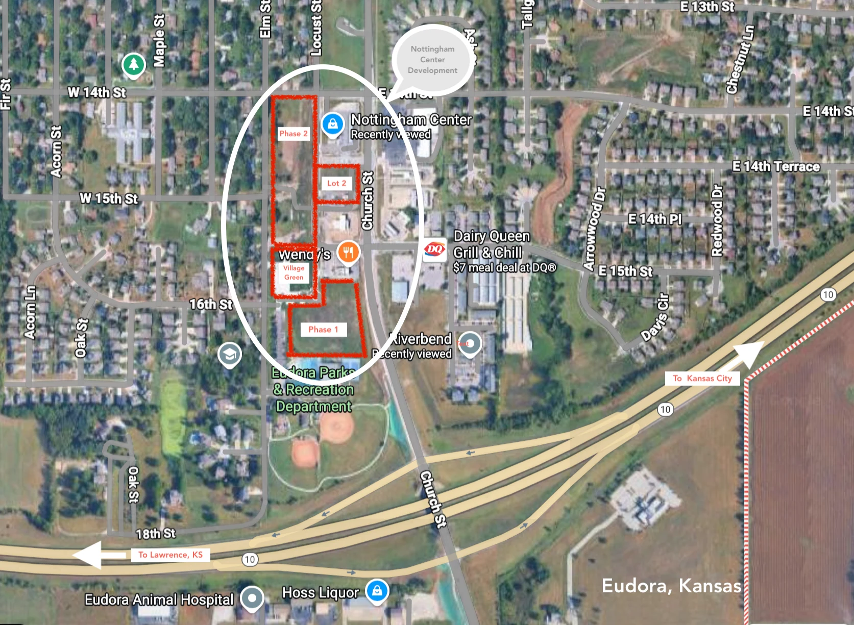 Aerial map showing Nottingham Center in Eudora near Church Street and K-10