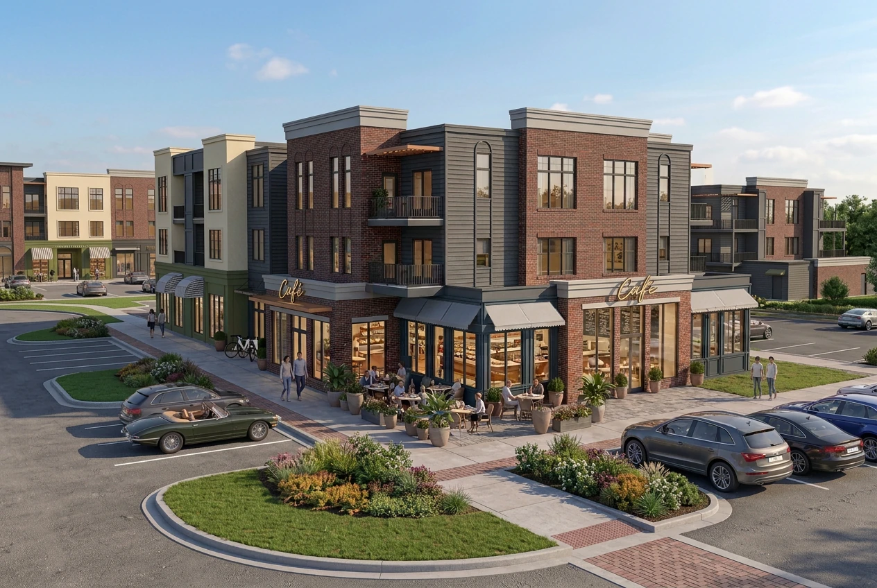 Concept rendering of a neighborhood café, outdoor tables, and residences at Nottingham Center
