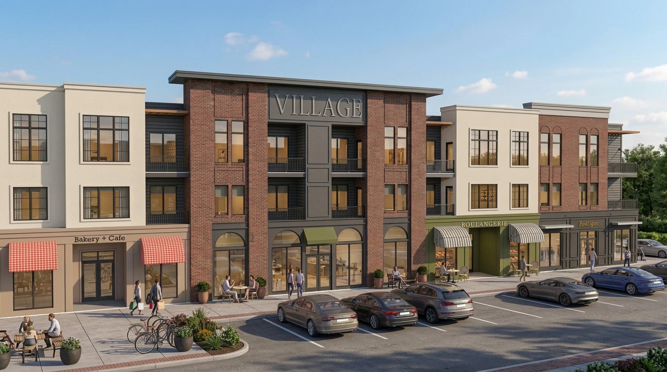 Concept of village storefronts, outdoor café tables, and apartments above