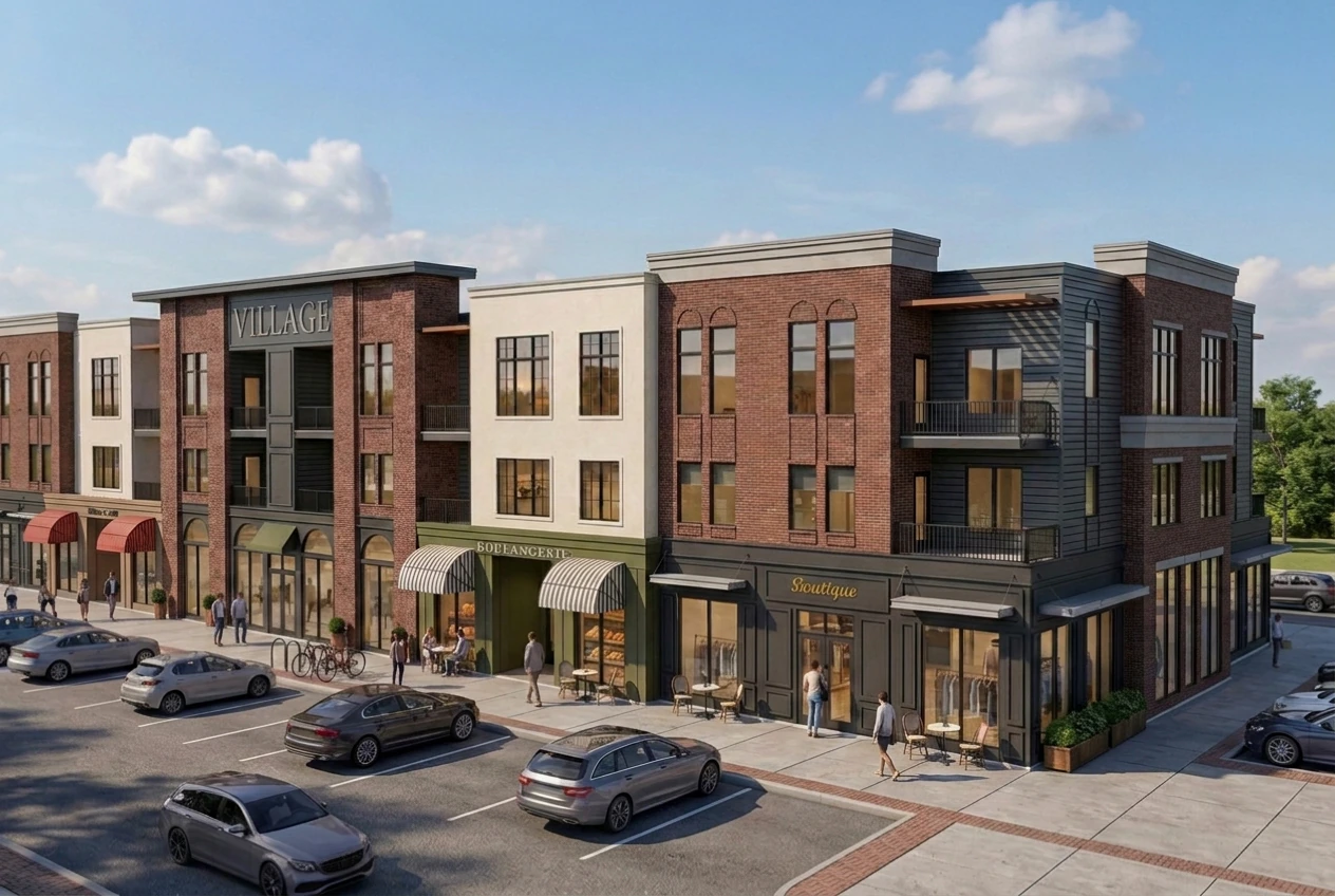 Concept rendering of Nottingham Center’s corner shops, upper-level balconies, and pedestrian streetscape